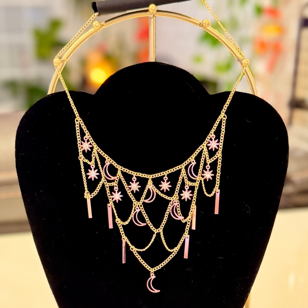 Gold Celestial Pink Moon and Star Charm Necklace